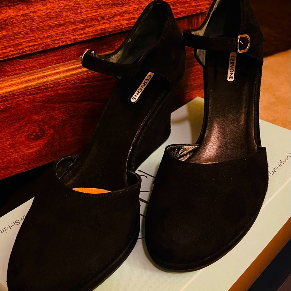 Dressy black wedge heels.